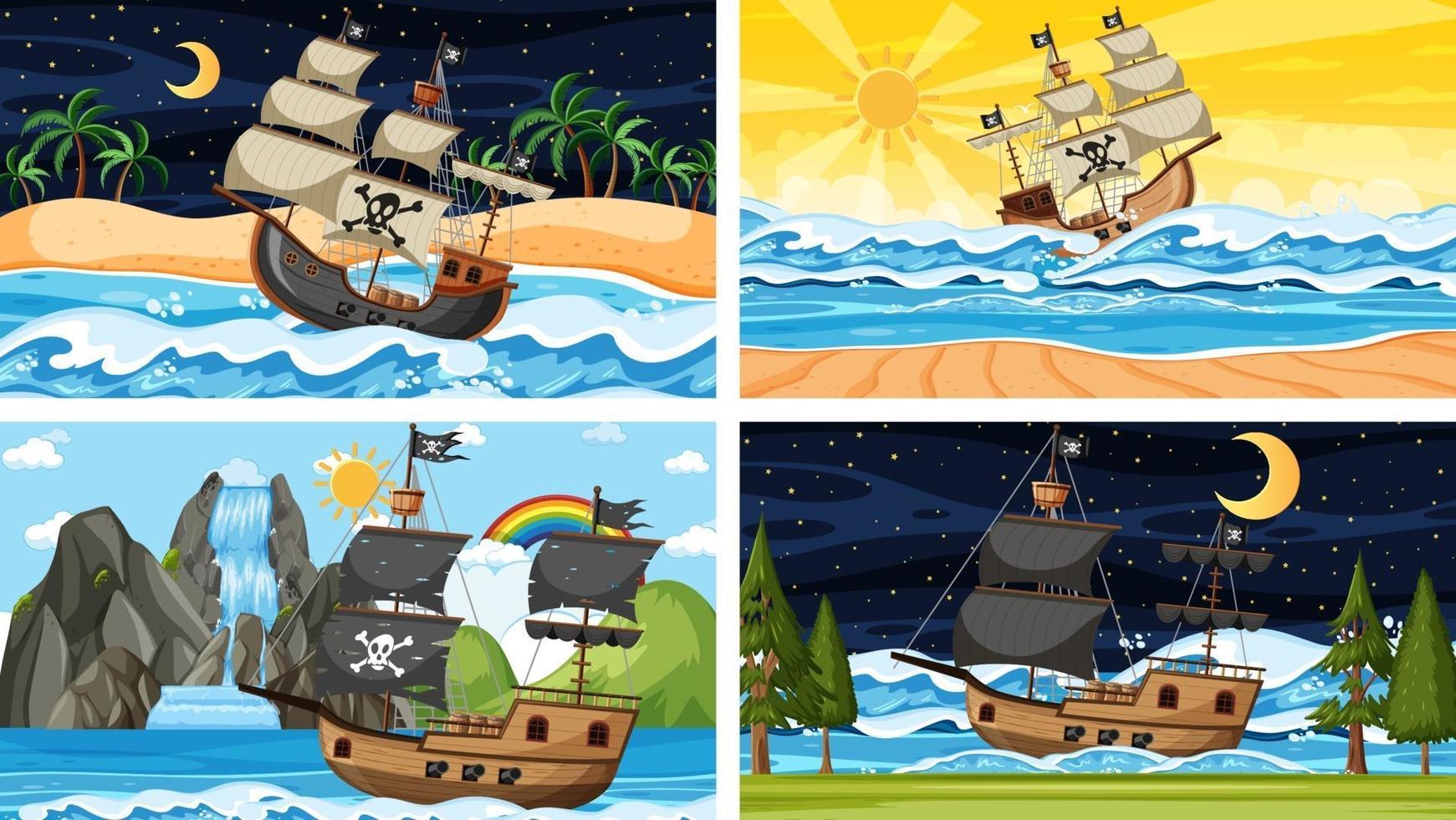 Ocean with Pirate ship at different times scenes  in cartoon style vector