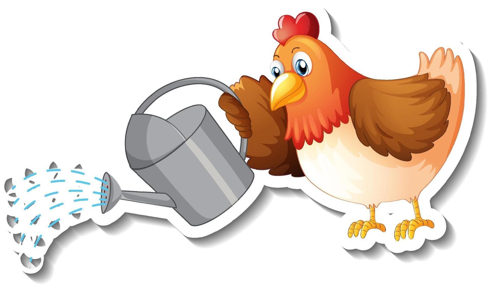 Sticker template with a chicken holding watering can vector