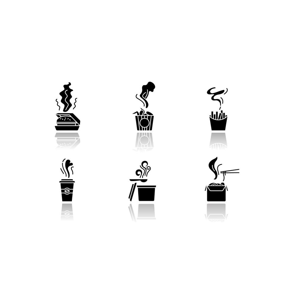 Hot food steam drop shadow black glyph icons set vector