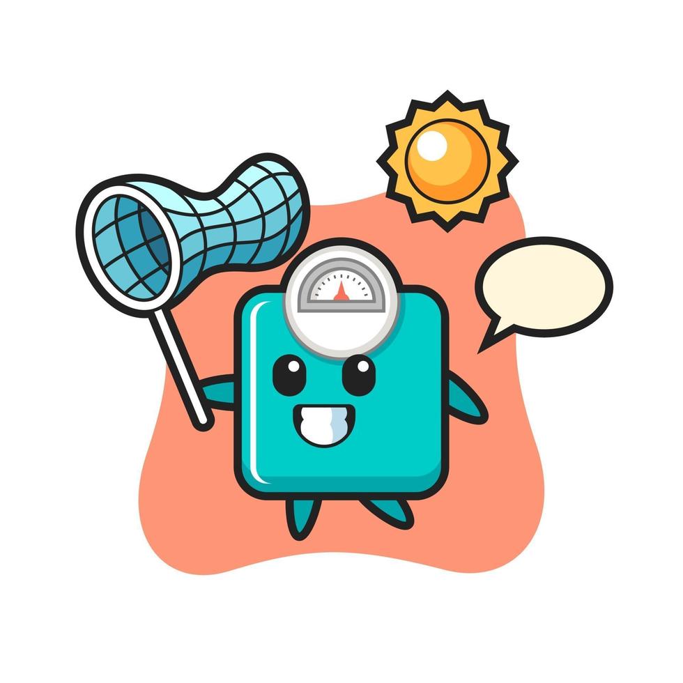 weight scale mascot illustration is catching butterfly vector