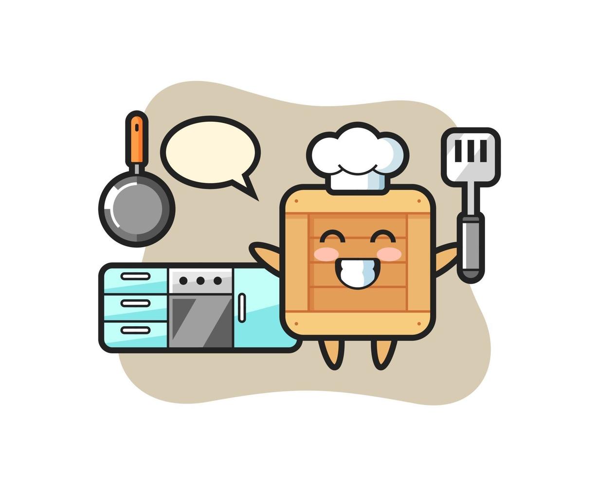 ilustración de personaje de caja de madera mientras un chef está cocinando vector