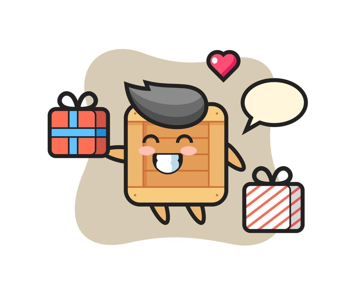 dibujos animados de la mascota de la caja de madera dando el regalo vector