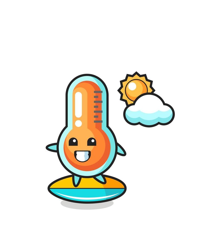 Illustration of thermometer cartoon do surfing on the beach vector