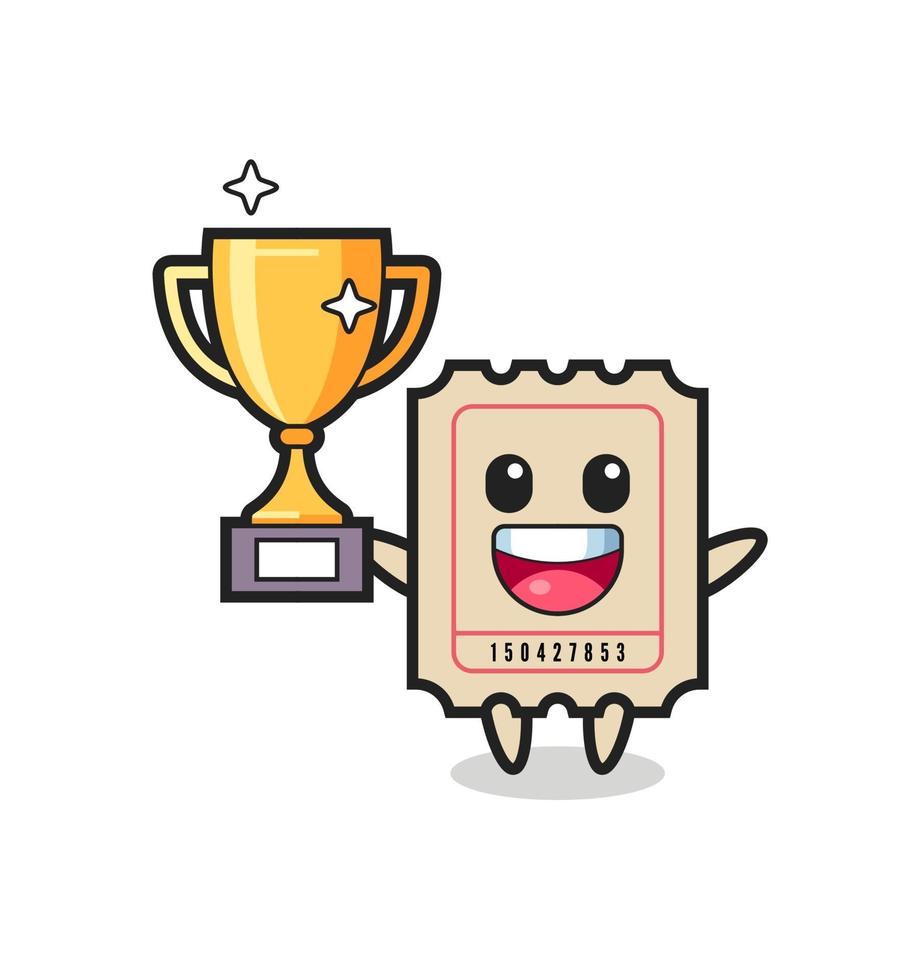 Cartoon Illustration of ticket is happy holding up the golden trophy vector