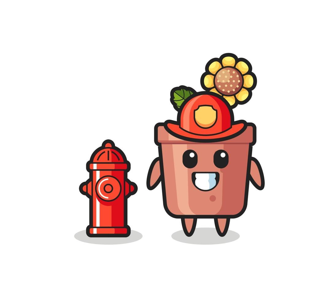 Mascot character of sunflower pot as a firefighter vector