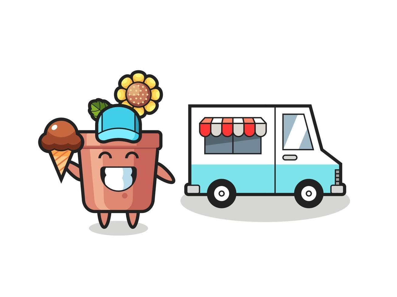 Mascot cartoon of sunflower pot with ice cream truck vector