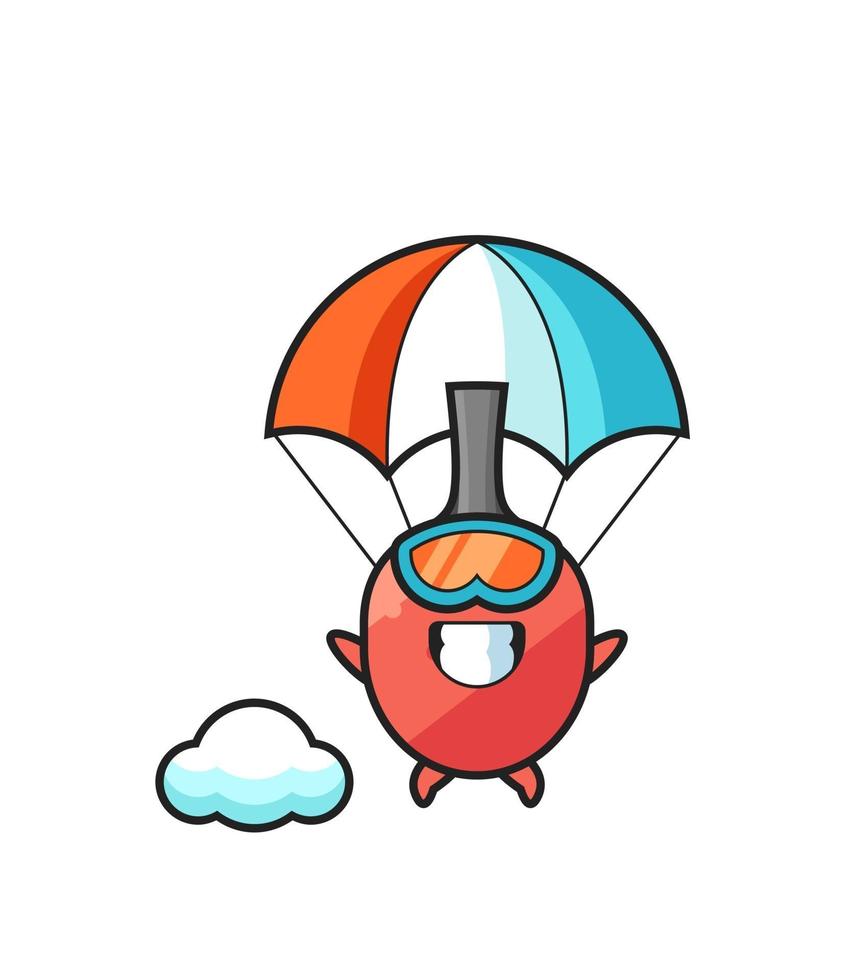 La caricatura de la mascota de la raqueta de tenis de mesa es paracaidismo con gesto feliz vector
