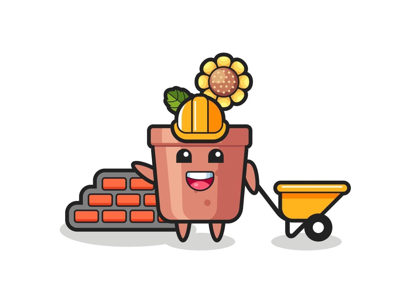 Cartoon character of sunflower pot as a builder vector