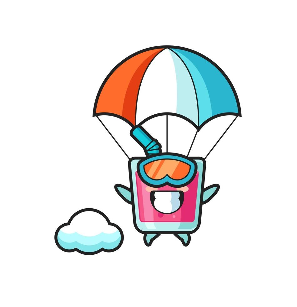 strawberry juice mascot cartoon is skydiving with happy gesture vector