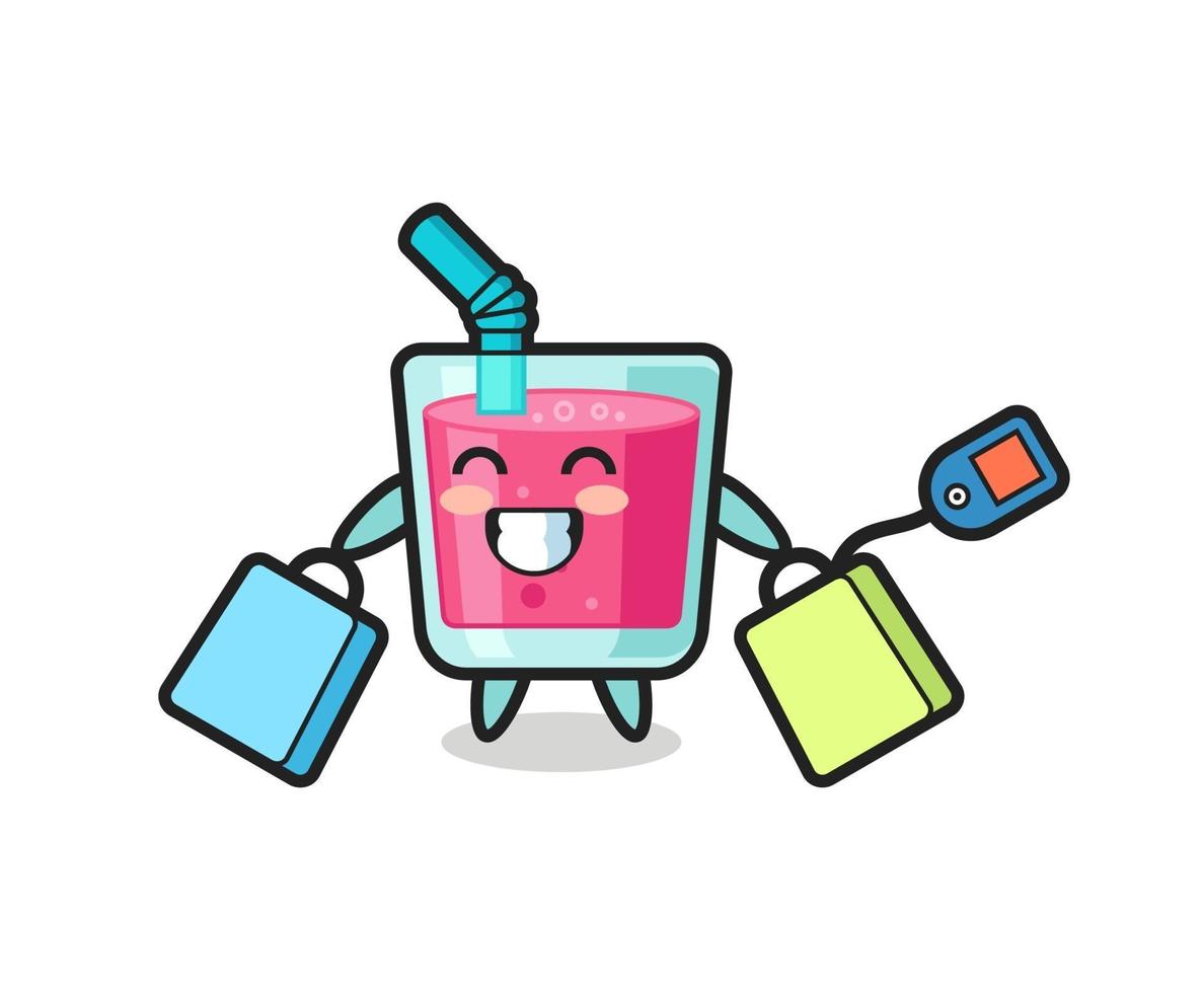 strawberry juice mascot cartoon holding a shopping bag vector