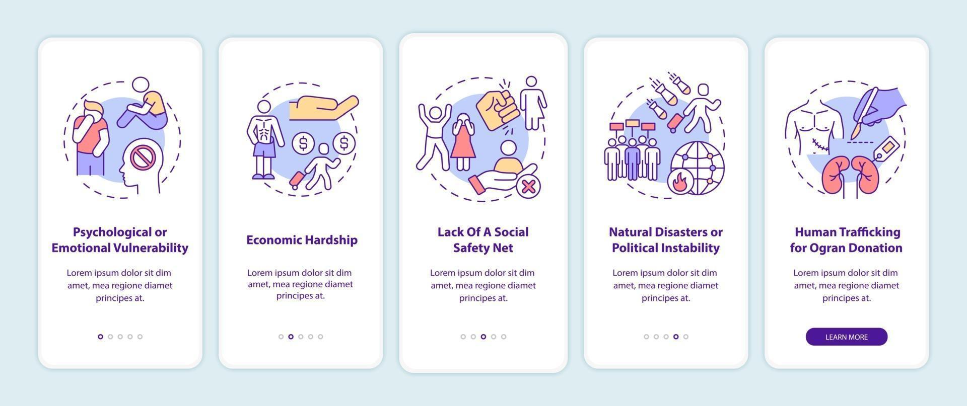 Human trafficking reasons onboarding mobile app page screen vector