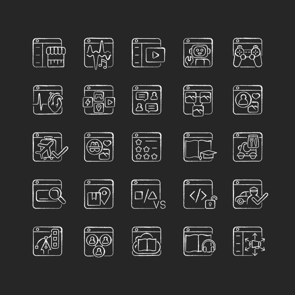 Online platforms chalk white icons set on dark background vector