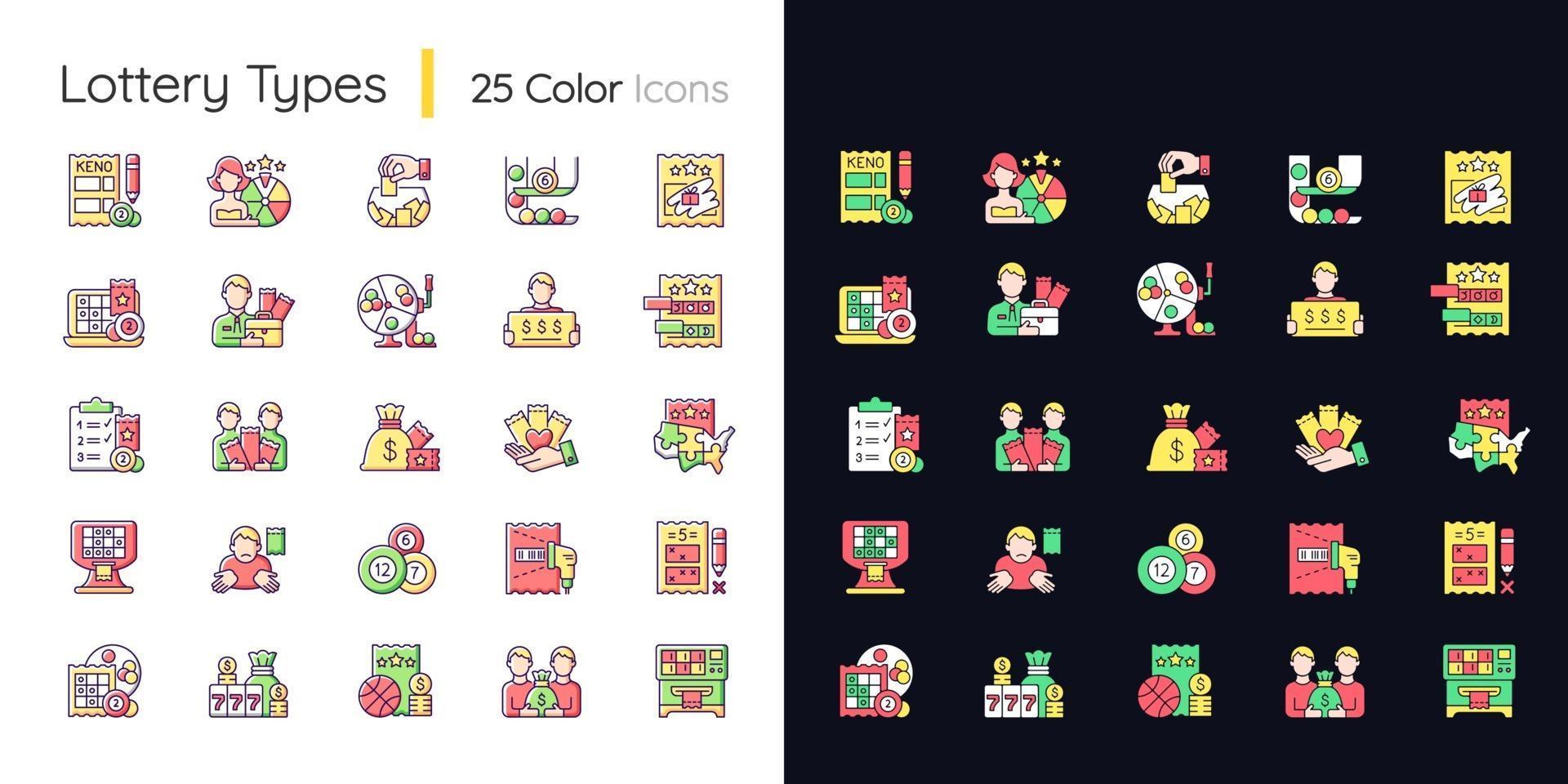 tipos de lotería conjunto de iconos de colores rgb de tema claro y oscuro vector