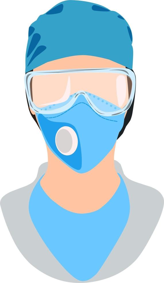 Ilustración sin rostro de un médico con gorra médica azul, máscara n95 vector