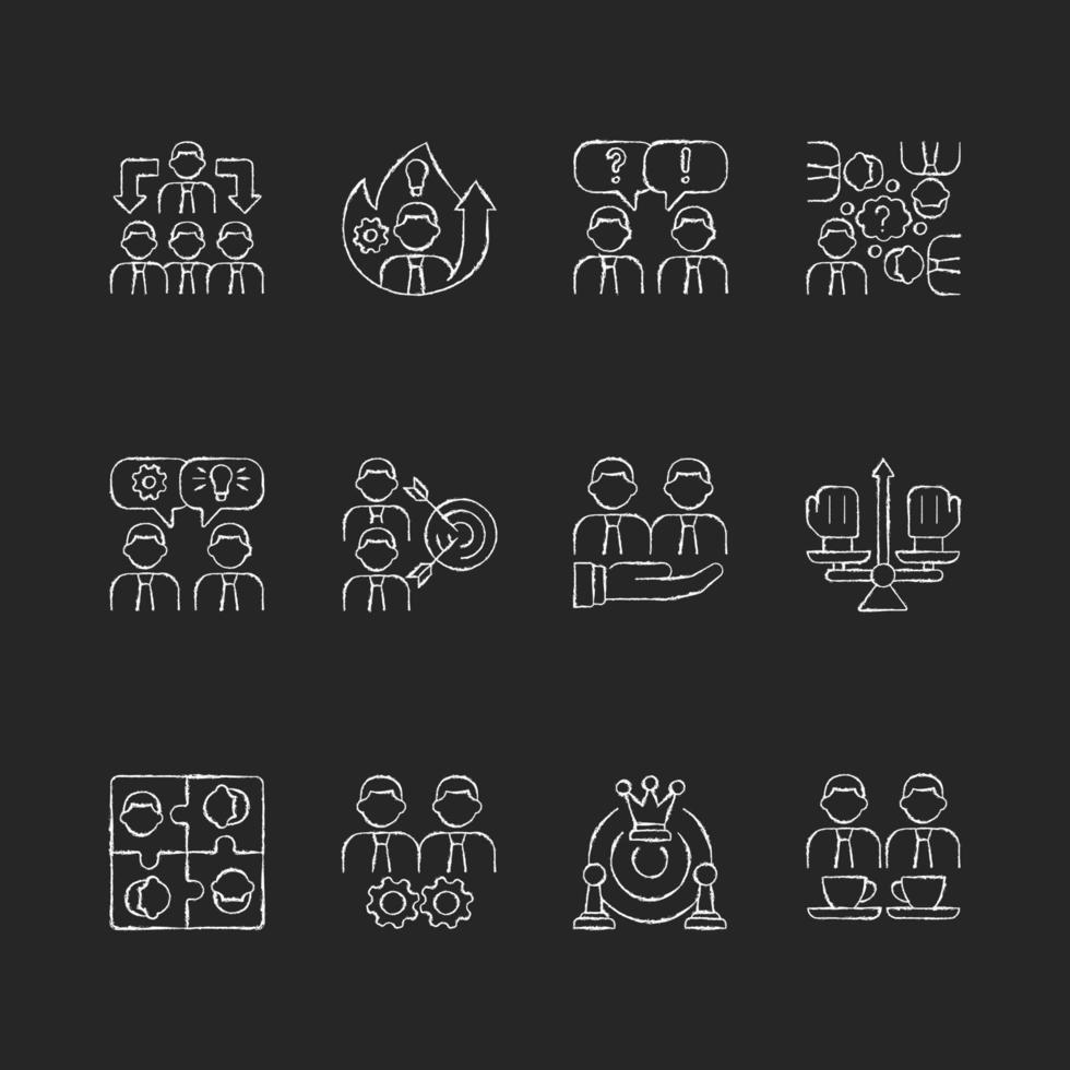 Iconos blancos de tiza relacionados con el trabajo en equipo en fondo oscuro vector