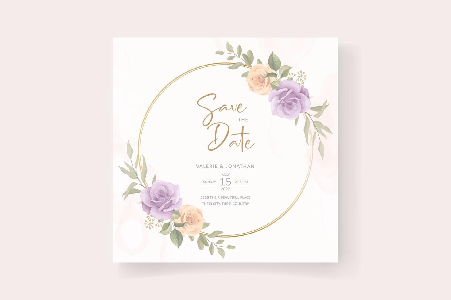 Plantilla de tarjeta de invitación de boda con decoración de rosas y hojas. vector