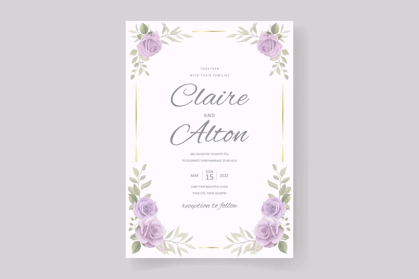 Wedding invitation card template with rose and leaf decoration vector