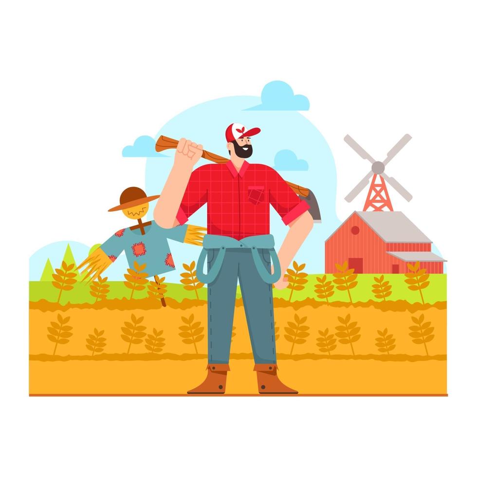 Farmer ready to farm in the field illustration vector