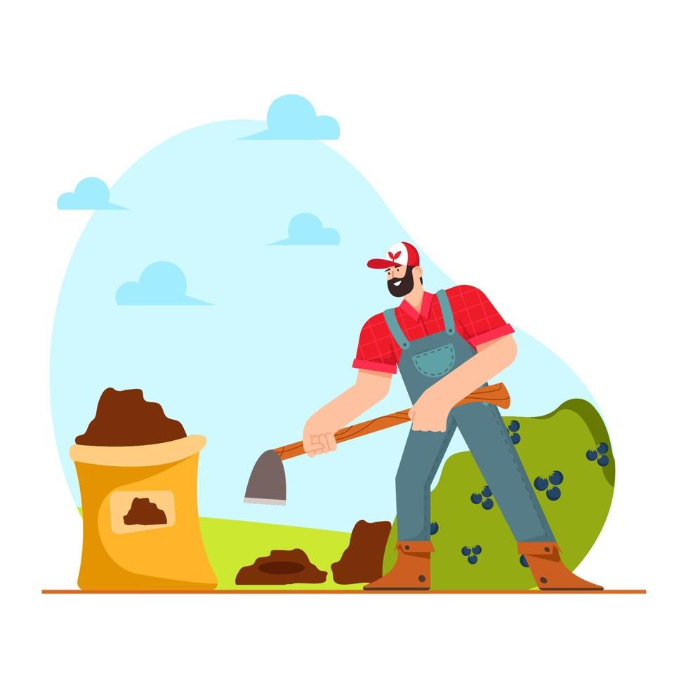 hombre, azada, en, campo, granja, ilustración vector