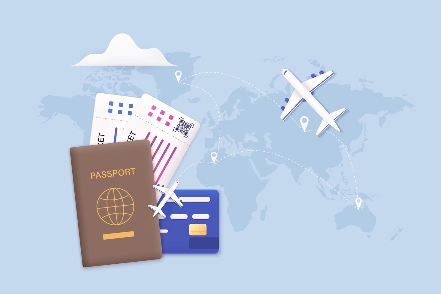 Traveling on airplane, planning a summer vacation, tourism.3D concept vector