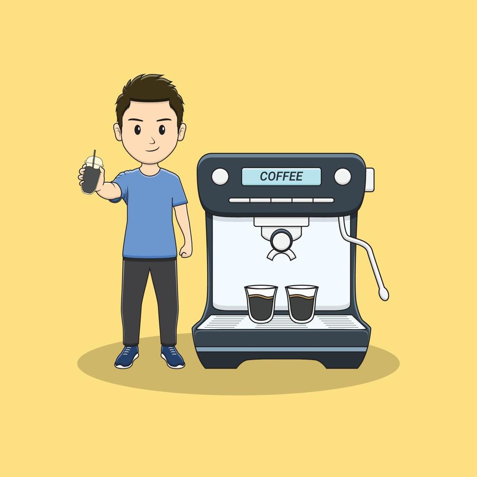 hombre con cafe y maquina de cafe vector