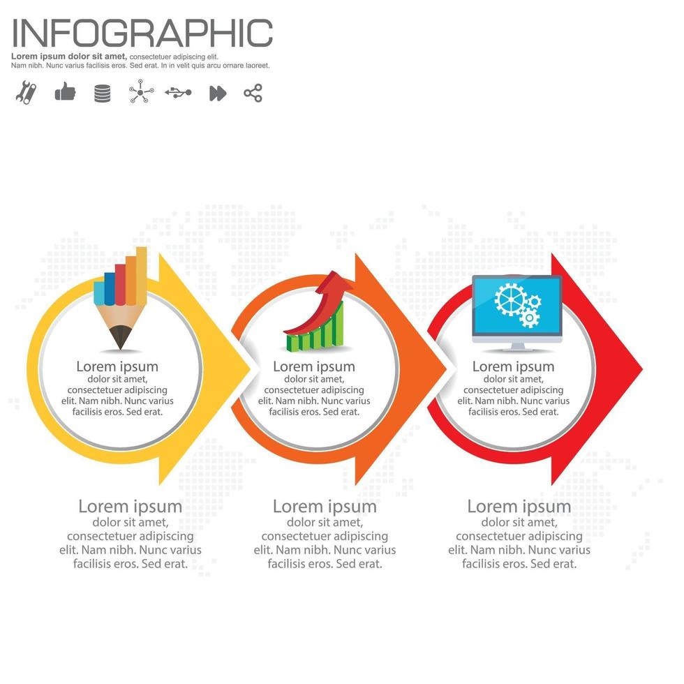 Plantilla de infografía con diagrama de proceso de flujo de trabajo de 3 elementos. vector