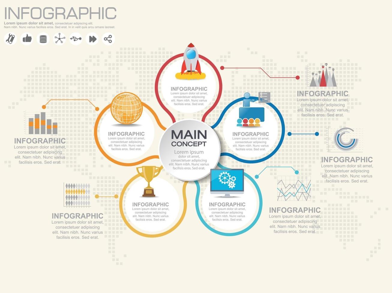 Plantilla de infografía con diagrama de proceso de flujo de trabajo de 5 elementos. vector