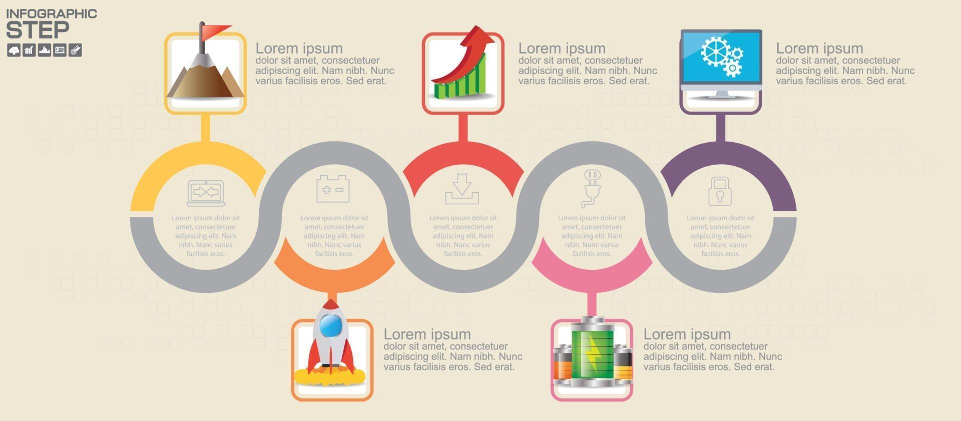 Plantilla de infografía con diagrama de proceso de flujo de trabajo de 5 elementos. vector