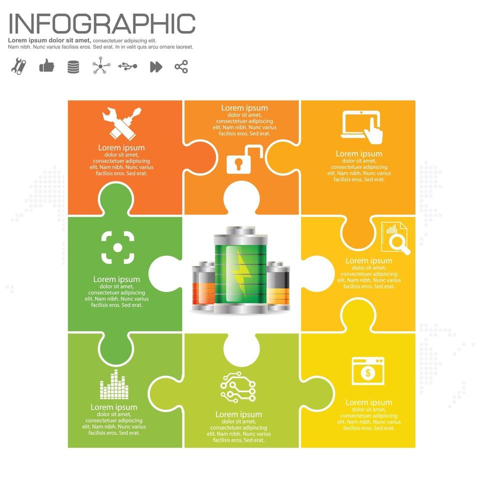 Plantilla de infografías con diagrama de proceso de flujo de trabajo de rompecabezas. vector