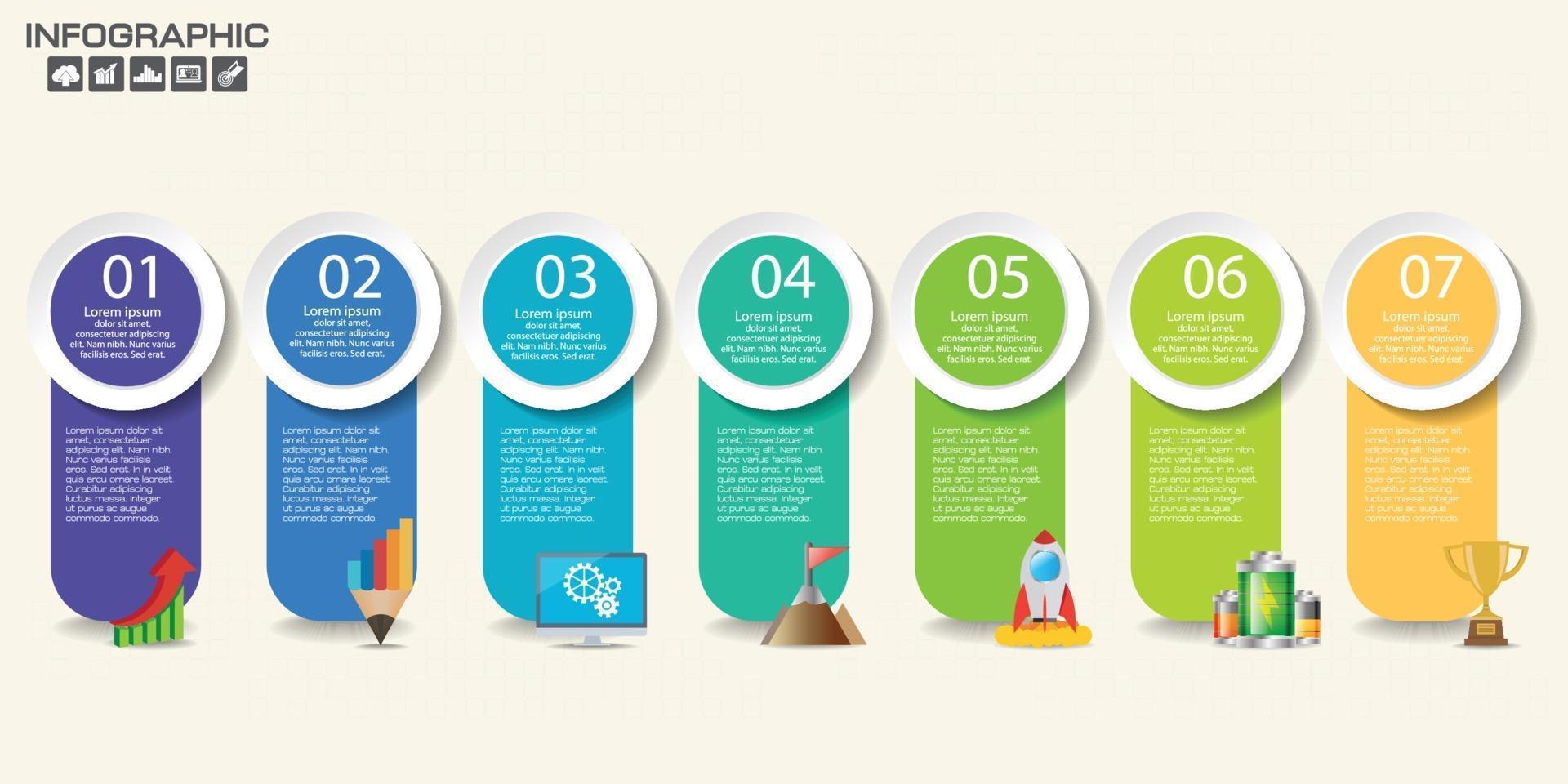 Plantilla de infografía con diagrama de proceso de flujo de trabajo de 7 elementos. vector