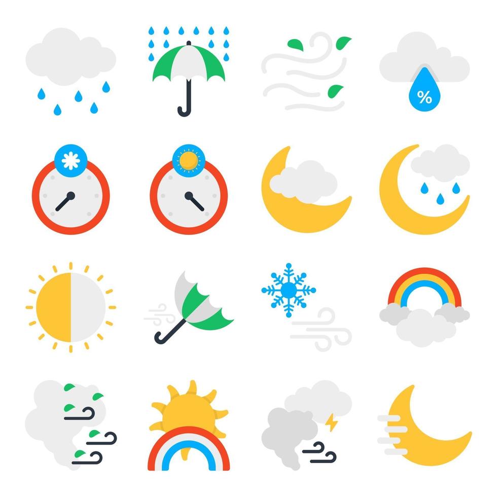 paquete de iconos planos de clima y clima vector