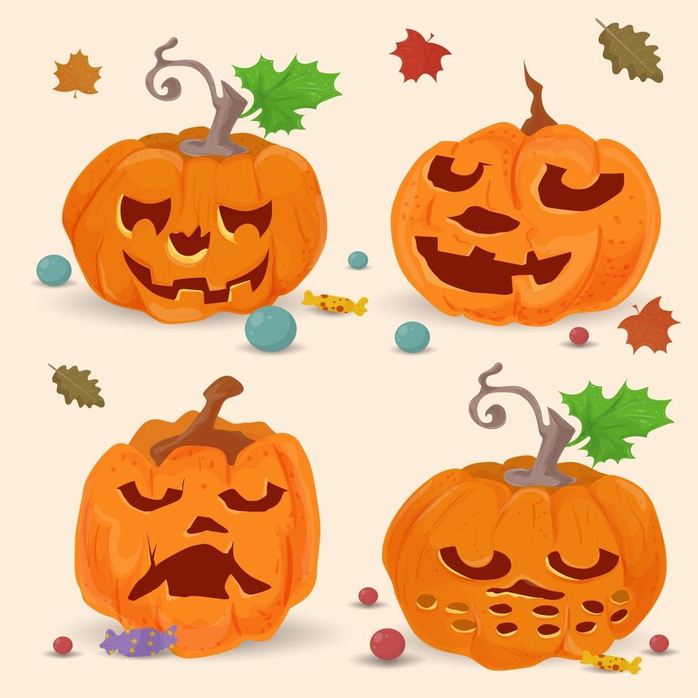 conjunto de 4 de cuatro calabazas ilustración plana para halloween vector