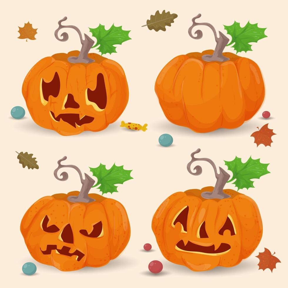 conjunto 1 de cuatro calabazas ilustración plana para halloween vector