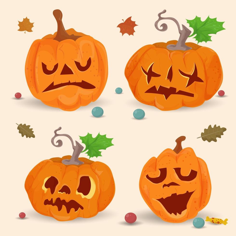 conjunto de 2 de cuatro calabazas ilustración plana para halloween vector