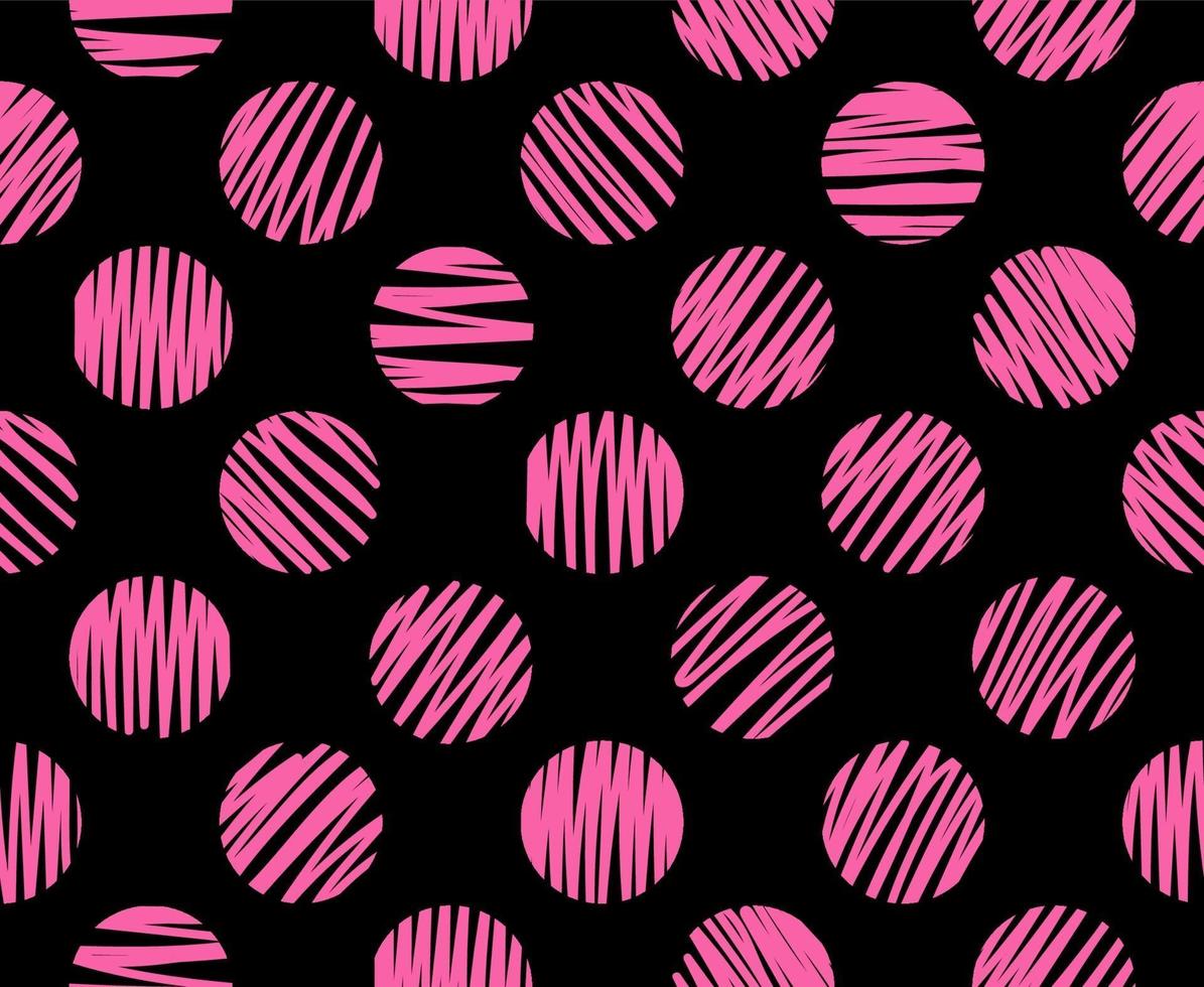 Círculos rosados dibujados a mano pincel líneas de patrones sin fisuras fondo negro. vector