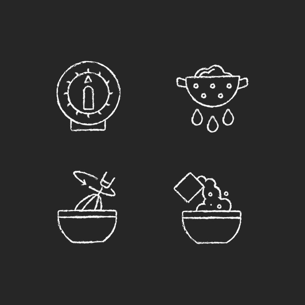 preparación de alimentos, tiza, blanco, iconos, conjunto, en, fondo oscuro vector