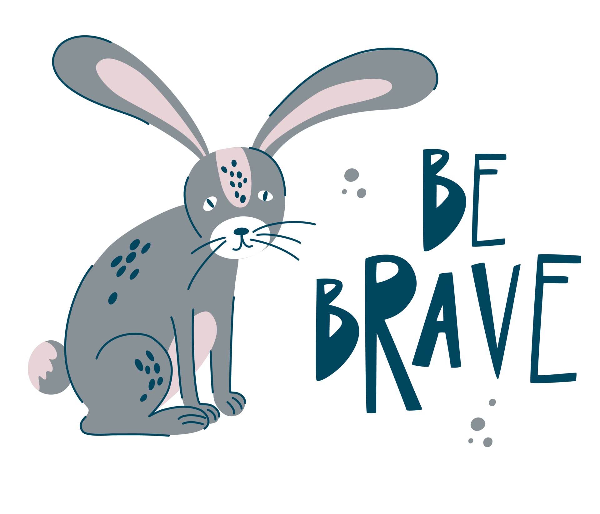 Grey Rabbit with words Be Brave. Hand draw timid forest bunny animal