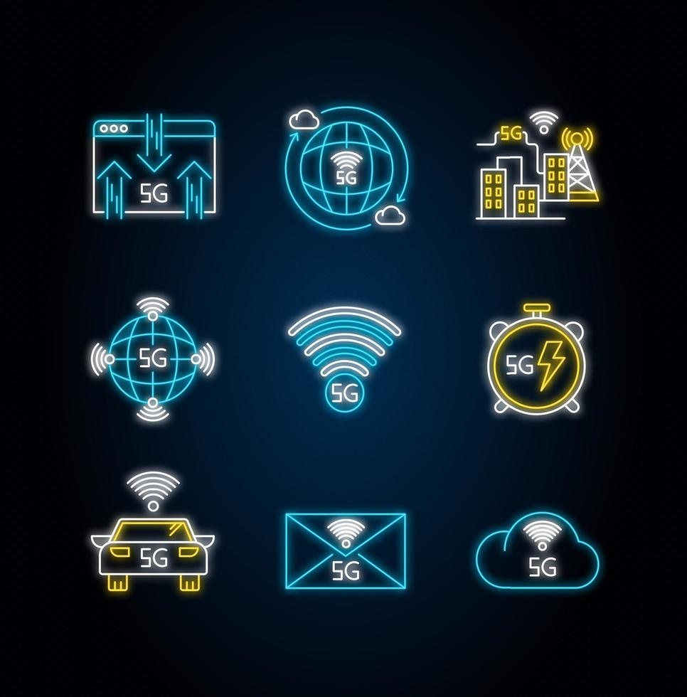 5G wireless technology neon light icons set vector