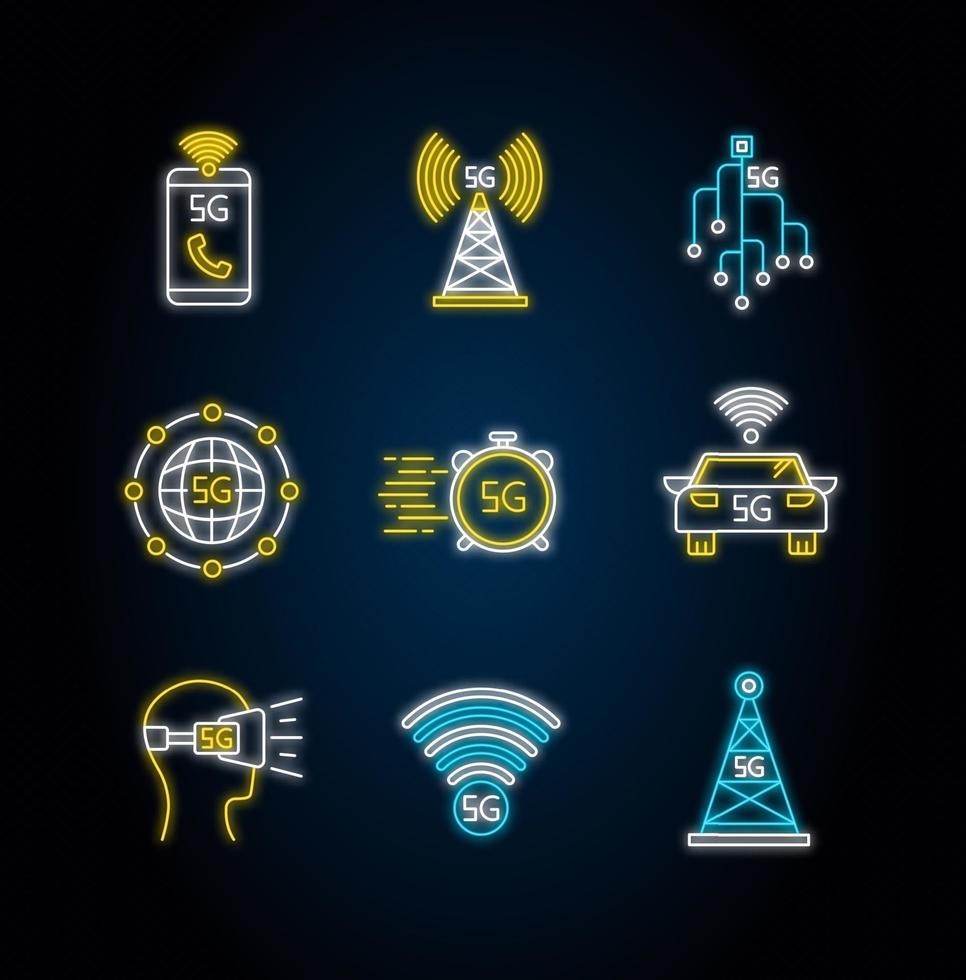 Conjunto de iconos de luz de neón de tecnología inalámbrica 5g vector