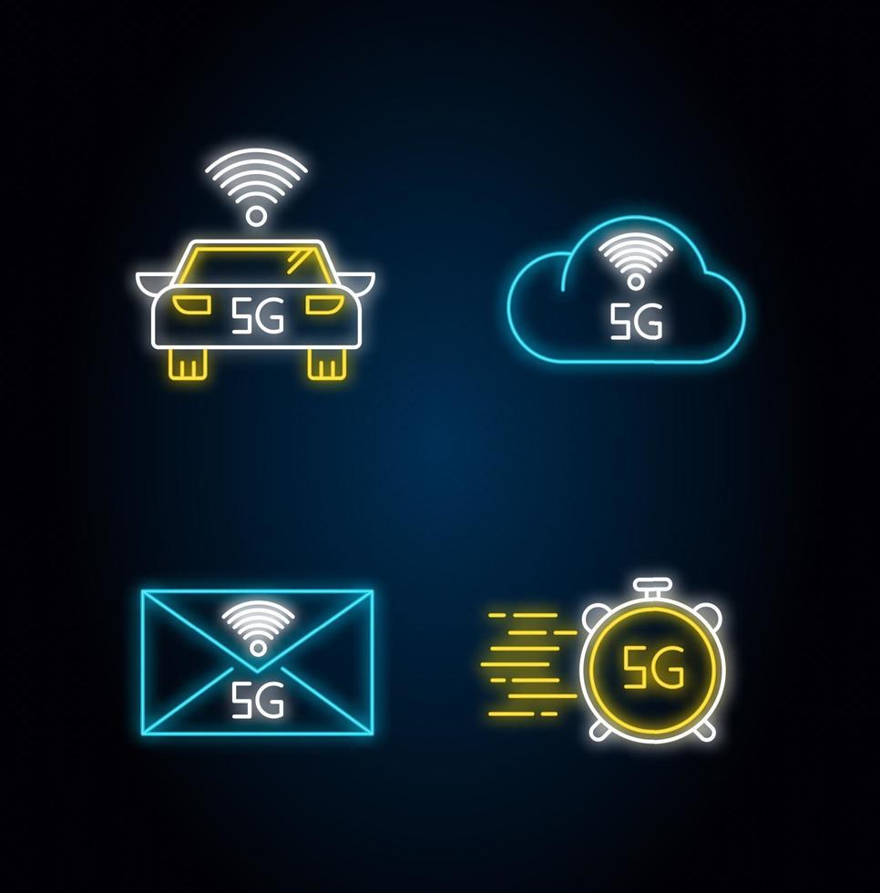 Conjunto de iconos de luz de neón de tecnología inalámbrica 5g vector