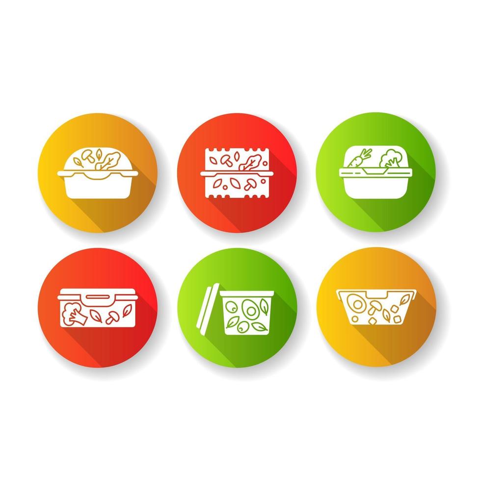 Plastic salad containers flat design long shadow glyph icons set vector