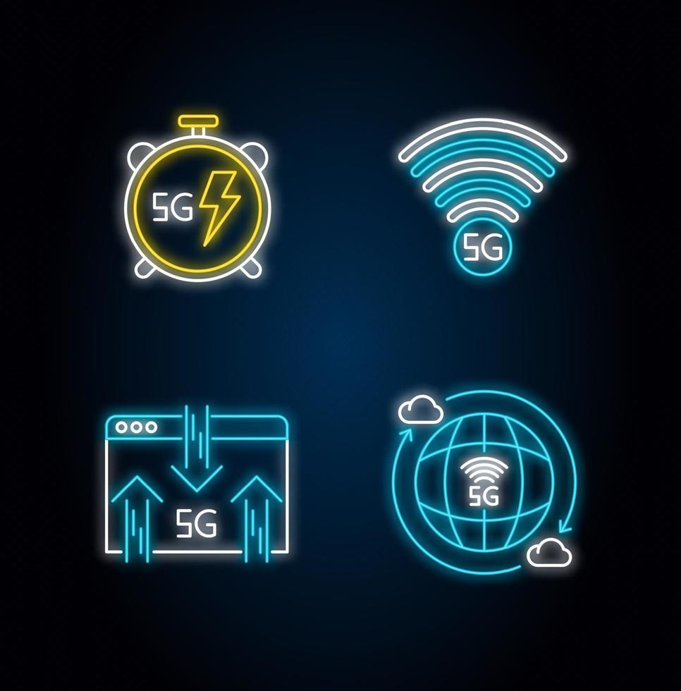 Conjunto de iconos de luz de neón de tecnología inalámbrica 5g vector