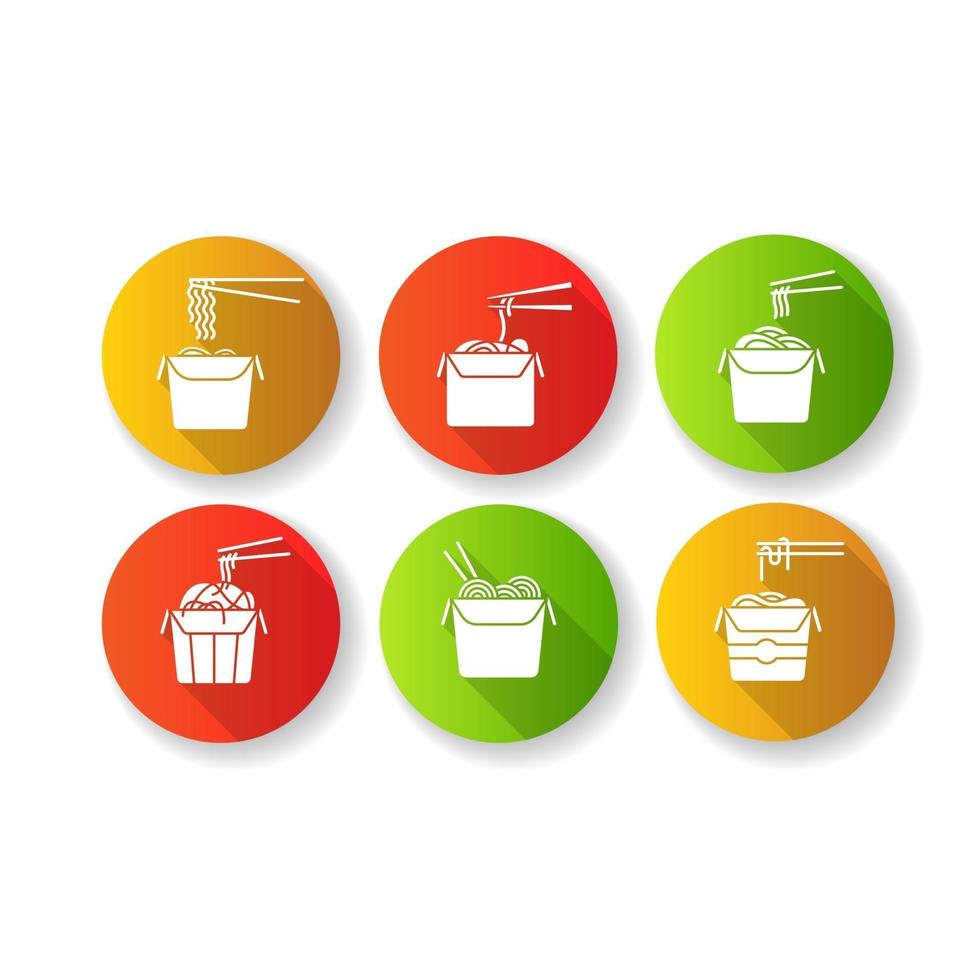 Take away noodles flat design long shadow glyph icons set vector