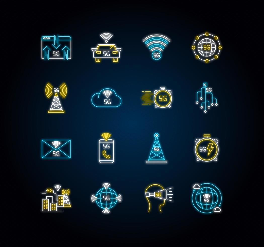 5G technology neon light icons set vector