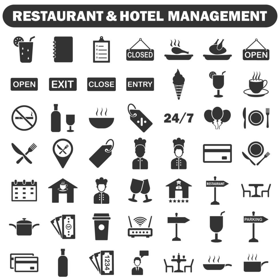 restaurant and hotel management icon set black vector