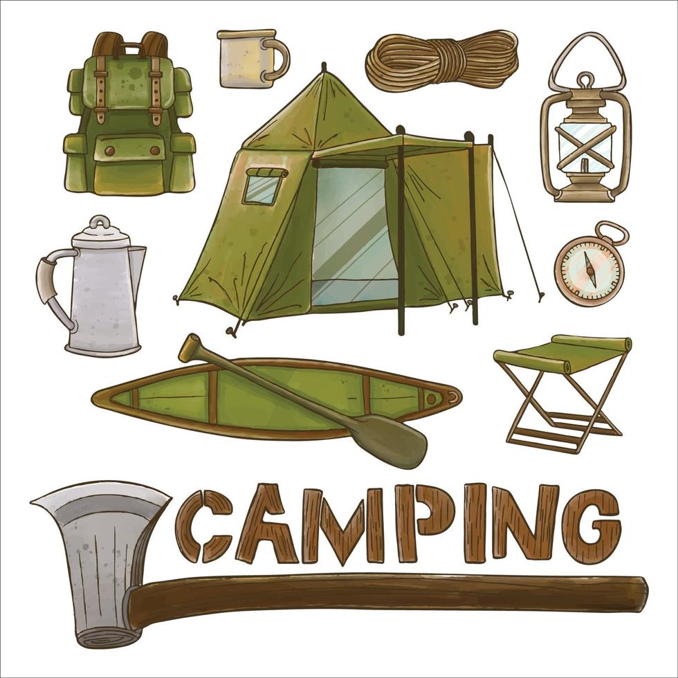 Conjunto de imágenes prediseñadas de suministros de camping pintadas en acuarela. dibujado a mano vector