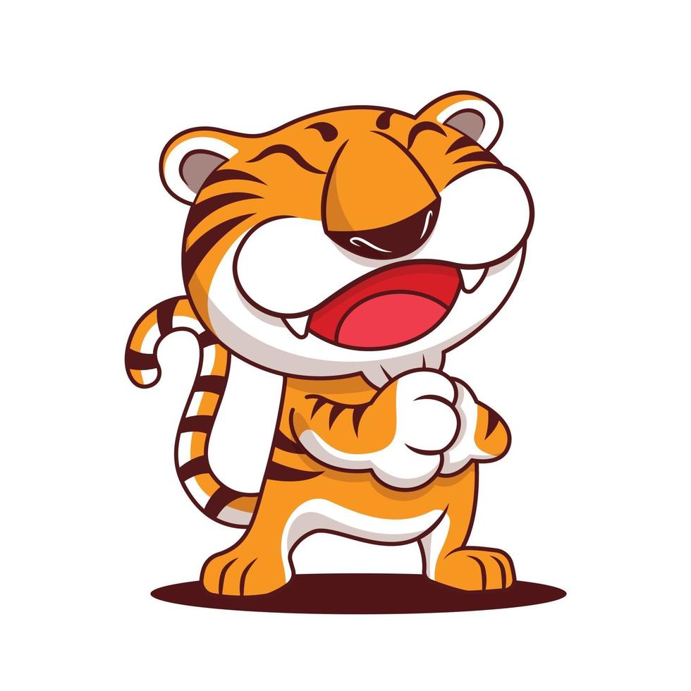 Happy Chinese New year 2022. Cartoon happy tiger greeting gesture vector