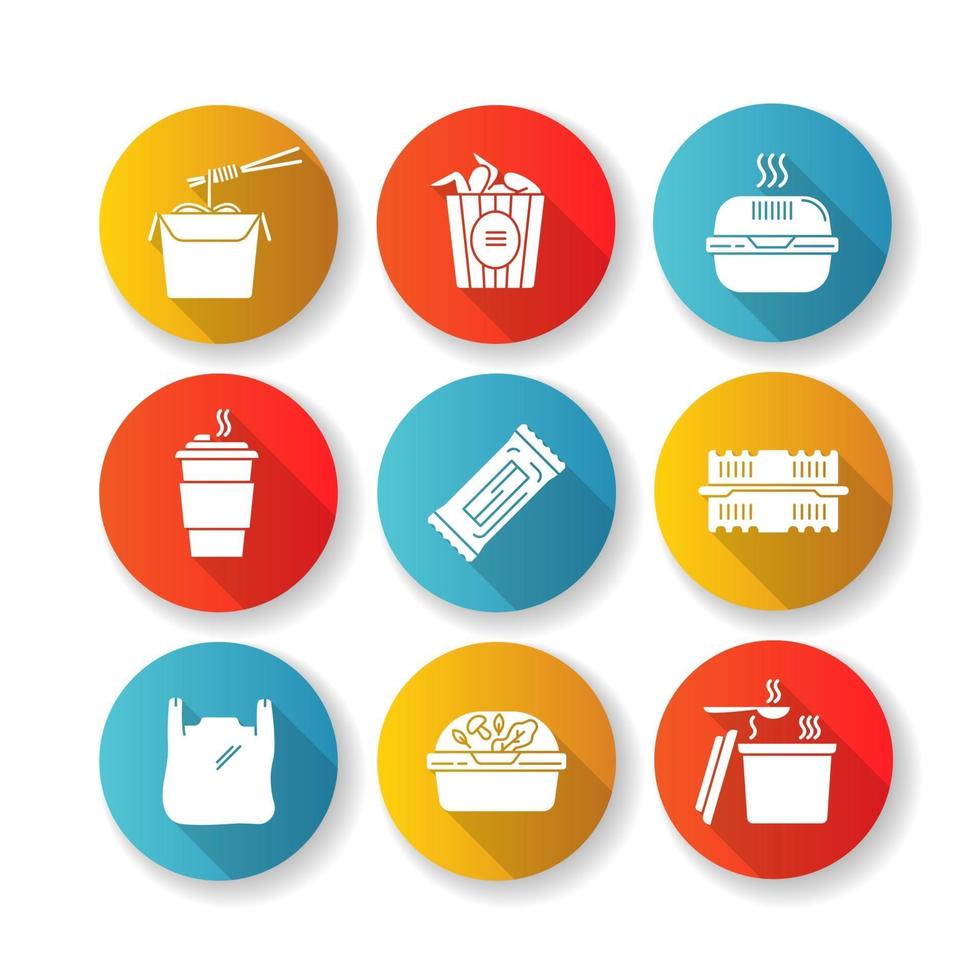 paquetes de comida para llevar diseño plano larga sombra glifo conjunto de iconos vector