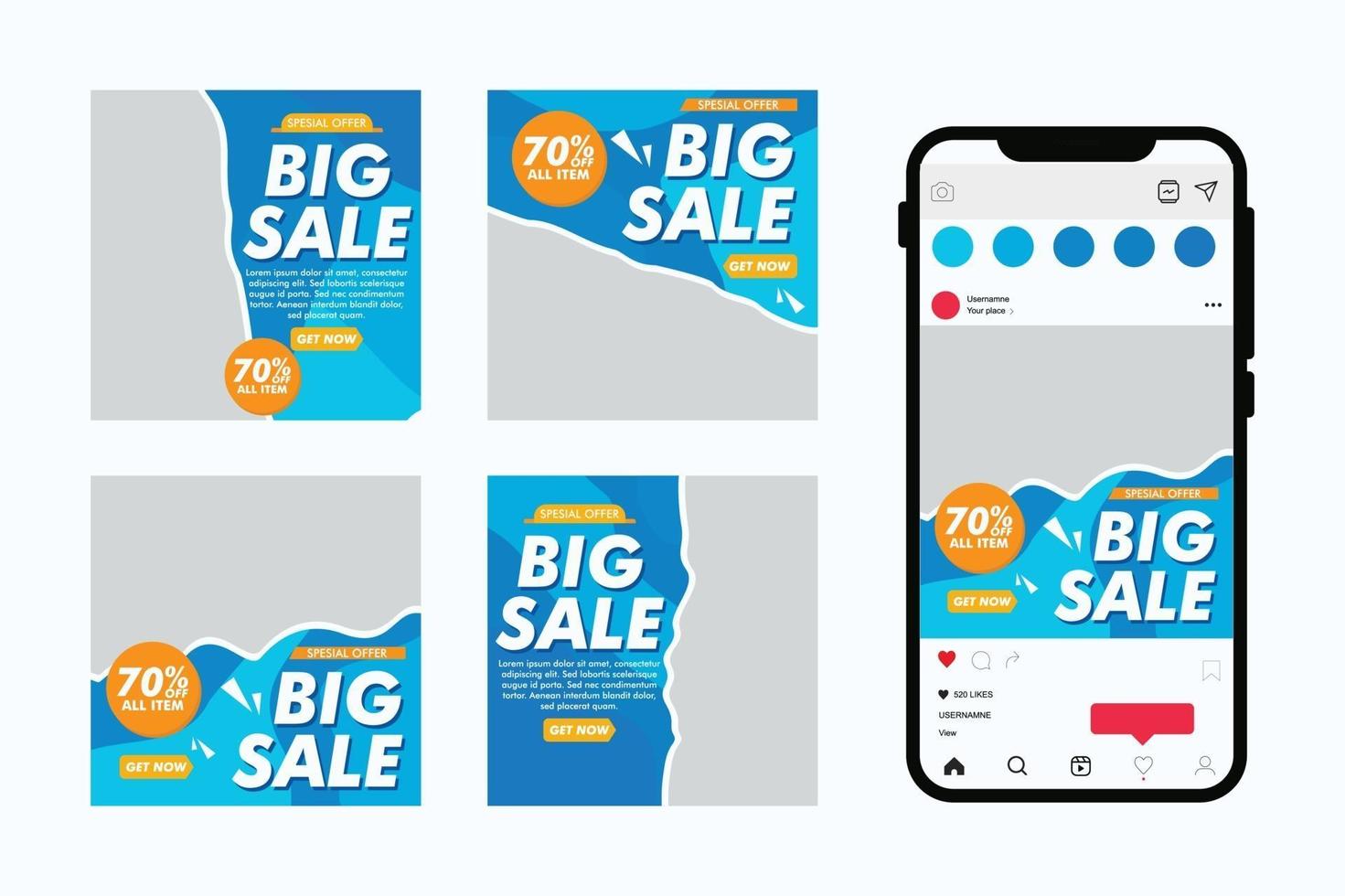 Flat social media sale posts collection with space for images vector