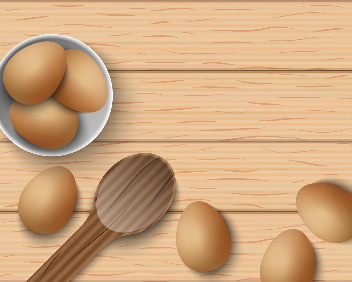 Top view of fresh eggs on wooden table, vector illustration